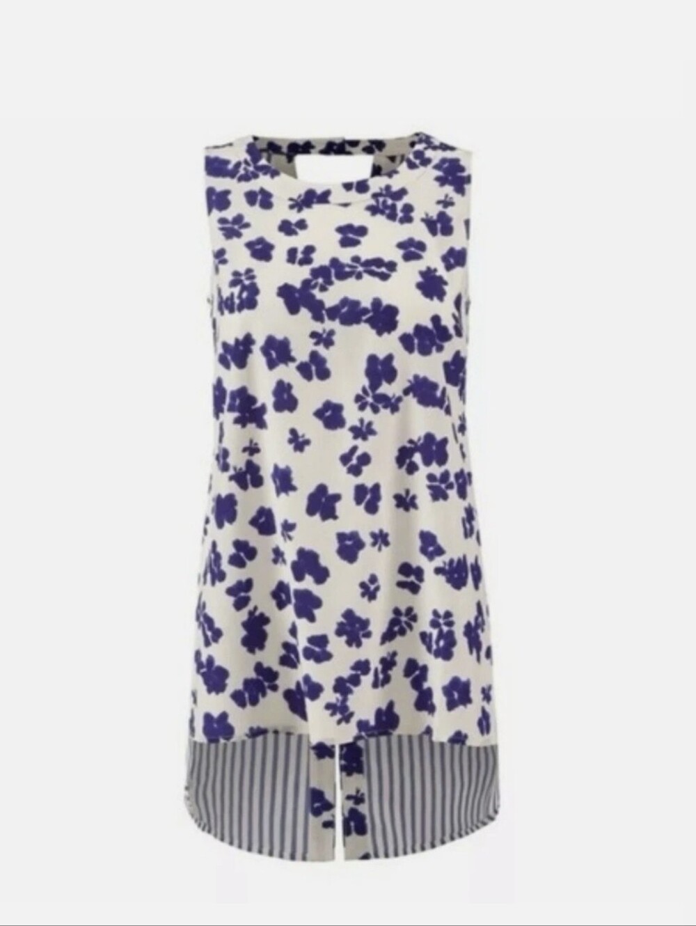 CAbi Blue and White Striped Floral Sleeveless Top